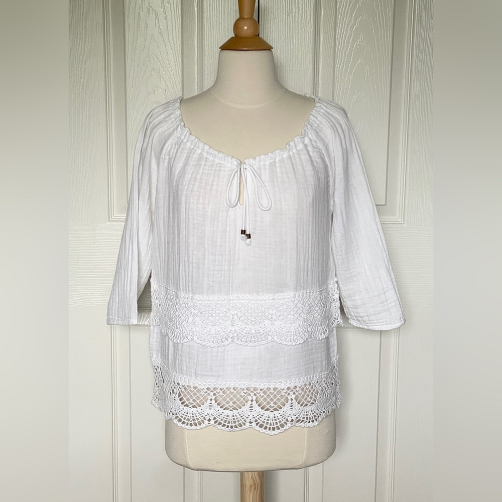 Lovestitch White Lace Detail Blouse, Off White, 3/4 sleeves, Cotton, Size M